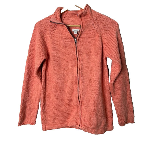 LL Bean Womens Sweater Medium Full Zip Cardigan Peach Mock Neck Cotton Outdoor - Picture 1 of 8